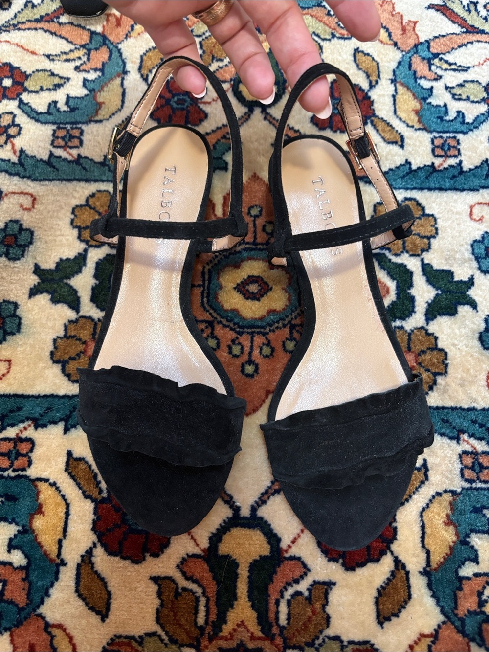 Talbots Black Suede Ruffle Front Slingback Sandals